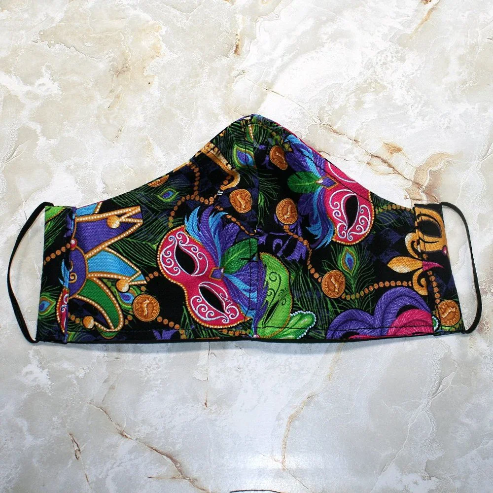 HAND CRAFTED Face Mask Mardi Gras Adult Cloth Fabric Print - Shield Style